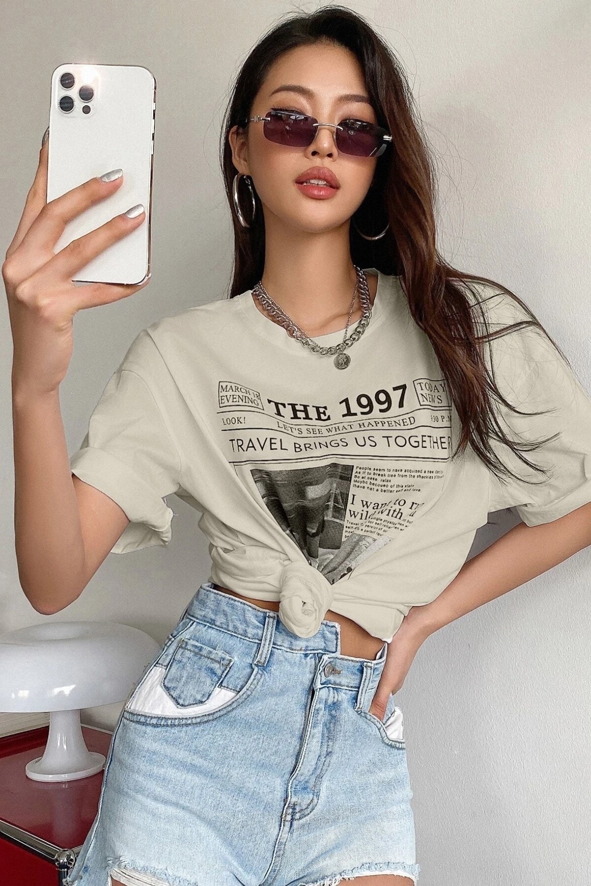 Kadın Bej The 1997 Baskılı Oversize T-shirt