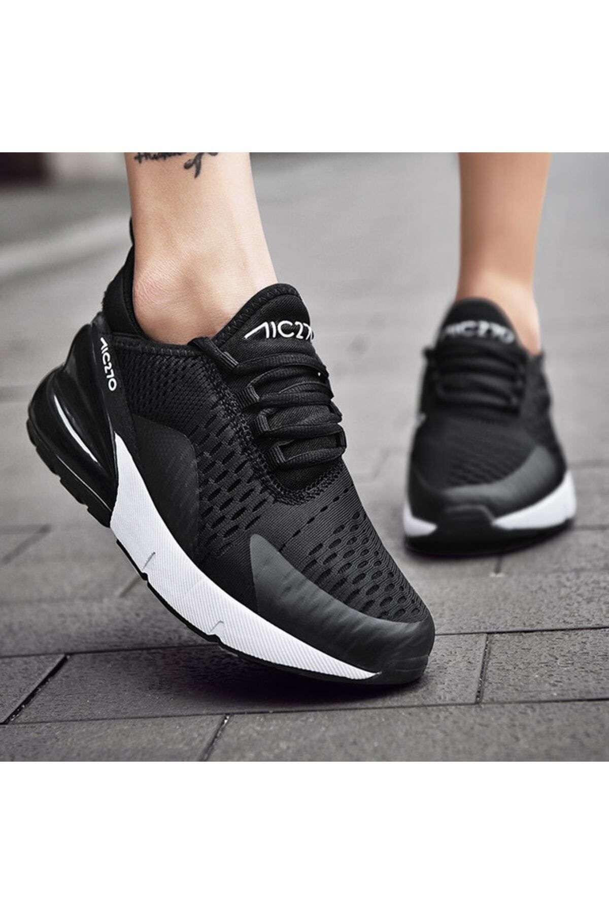 Unisex Hafif Günlük Yürüyüş Koşu Siyah - Beyaz Air File Sneaker Spor Ayakkabı Aıc 270