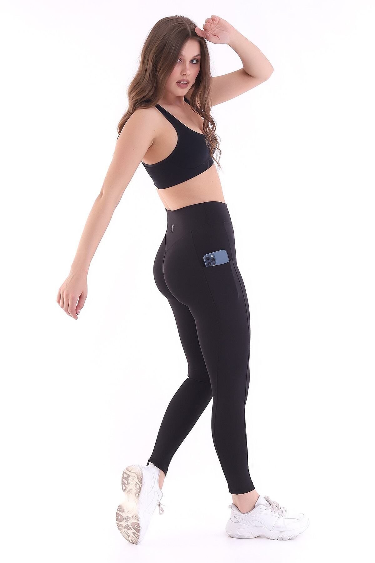 Siyah Kadın Spor Tayt Çift Cepli Sıkılaştırıcı Toparlayıcı Sporcu Taytı Leggings