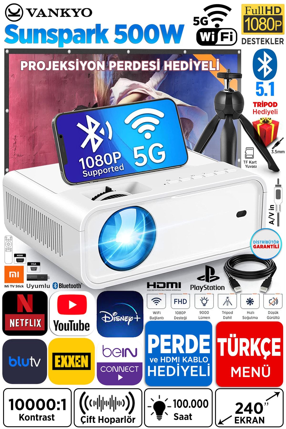 Sunspark 500w Android Tv 1080p Wifi+bluetooth Projeksiyon Cihazı-240 Inç Yansıtma-dahili Hoparlör